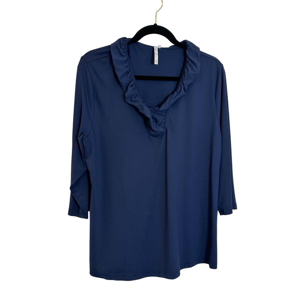 Lulu-B Ruffle‎ Neck Knit Top Size M Navy Blue 3/4 Sleeve Stretch Casual Travel